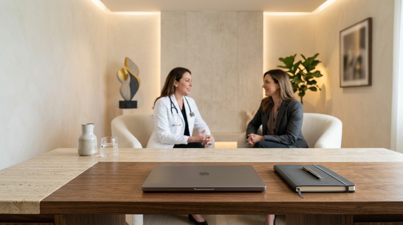 A physician and a sourcing consultant in conversation in a private consultation room